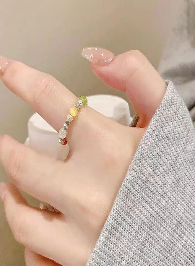 Eviarli Boho Crystal Bead Stretch Ring Beaded Stackable Ring Silver Bead Elastic Finger Ring Rainbow Bead Elastic Ring Handmade Stacking Ring Jewelry for Women (Style A) - Image 5